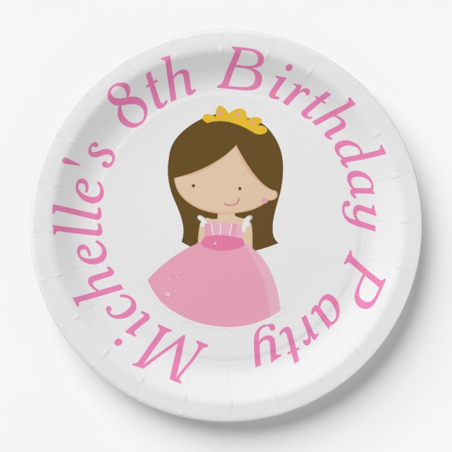 Brunette Cute Princess and Dragon Birthday Party Paper Plate (Front)