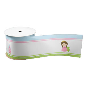 Brunette Cute Princess and Dragon Birthday Party Satin Ribbon