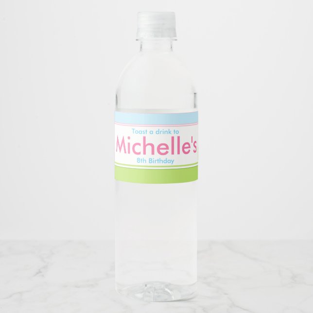 Brunette Cute Princess and Dragon Birthday Party Water Bottle Label (Front)