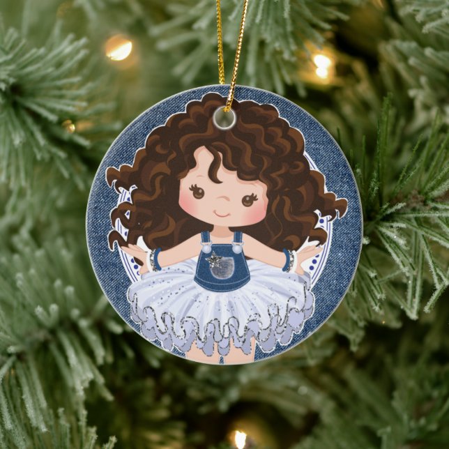 Brunette Cutie Denim & Diamonds Christmas Ceramic Ornament (Tree)