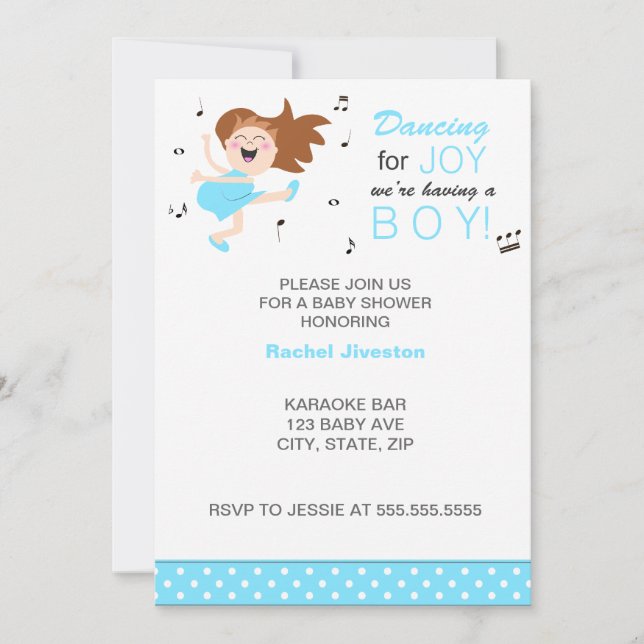 Brunette Dancing for joy blue baby boy shower Invitation (Front)