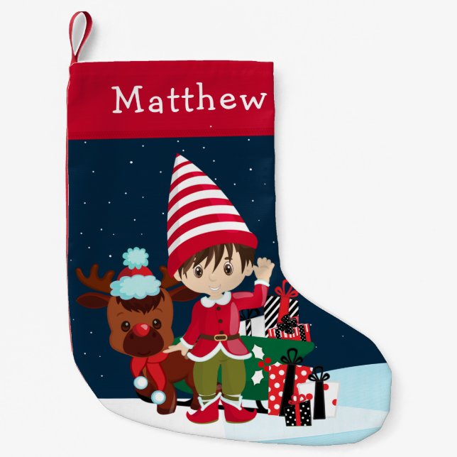 Brunette Elf Boy with Rudolph Small Christmas Stocking (Front)