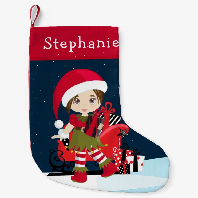 Brunette Elf Girl with Rudolph Christmas Stocking (Front)