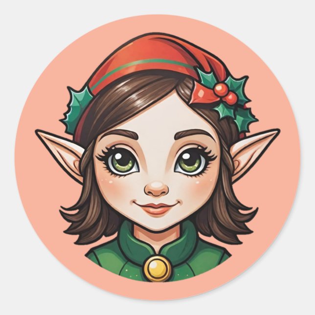 Brunette Elf Portrait Classic Round Sticker (Front)