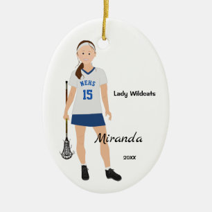 Brunette Female Lacrosse Player In Blue And White Ceramic Ornament