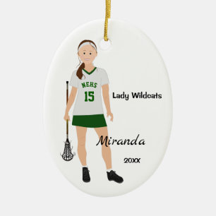 Brunette Female Lacrosse Player In Green And White Ceramic Ornament