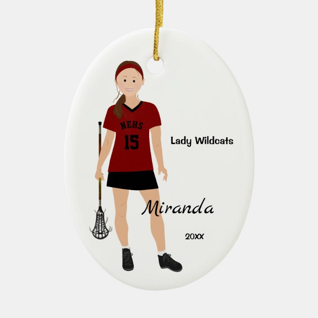 Brunette Female Lacrosse Player In Red And Black Ceramic Ornament (Front)