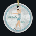 Brunette Figure Skater In Aqua Ceramic Ornament<br><div class="desc">Create a one of a kind keepsake for your favourite figure skater.  A brown hair athlete in frosty shades of blue with skates and room to personalize.  If desired,  optional additional details can be added on the back of the ornament.  Original design by Night Owl's Menagerie,  2016.</div>