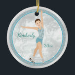 Brunette Figure Skater In Aqua Ceramic Ornament<br><div class="desc">Create a one of a kind keepsake for your favourite figure skater.  A brown hair athlete in frosty shades of blue with skates and room to personalize.  If desired,  optional additional details can be added on the back of the ornament.  Original design by Night Owl's Menagerie,  2016.</div>