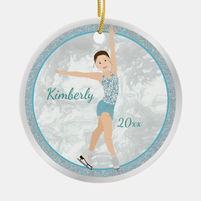 Brunette Figure Skater In Aqua Ceramic Ornament (Front)