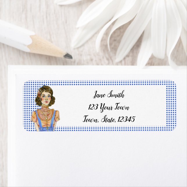 Brunette Girl Blue Polka Dot Address (Insitu)