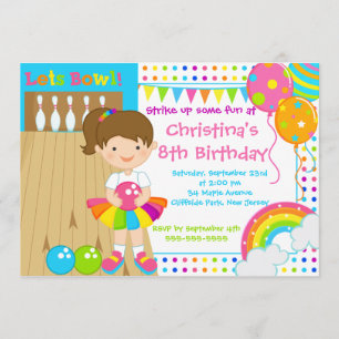 Brunette Girl Bowling Birthday Party Invitations