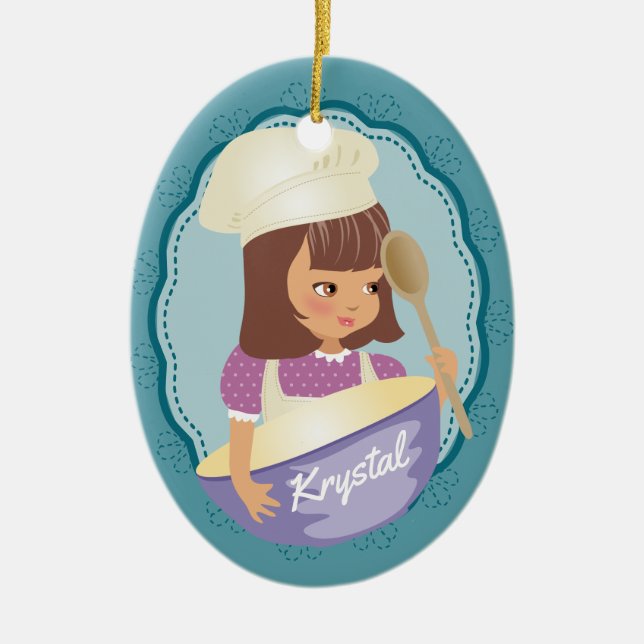 Brunette girl chef baker personalized Christmas Ceramic Ornament (Front)
