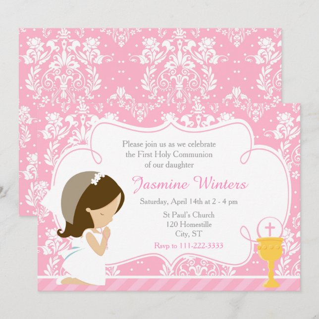 Brunette Girl First Communion Damask Invitation (Front/Back)