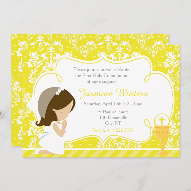 Brunette Girl First Communion Damask Invitation (Front/Back)