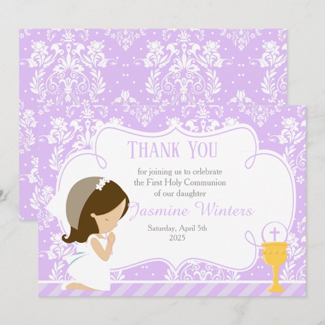 Brunette Girl First Communion Damask Thank You Card (Front/Back)