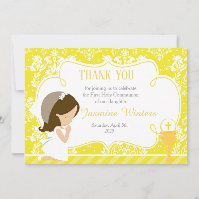 Brunette Girl First Communion Damask Thank You Card (Front)