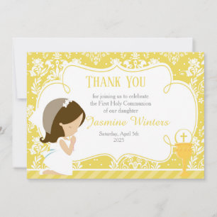 Brunette Girl First Communion Damask Thank You Card