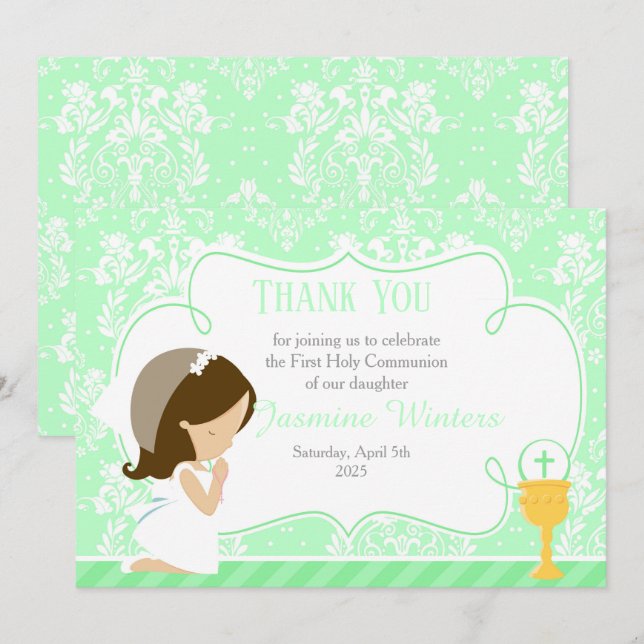 Brunette Girl First Communion Damask Thank You Card (Front/Back)