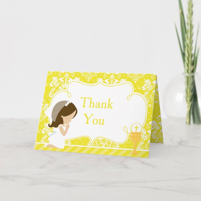 Brunette Girl First Communion  'Thank You' Thank You Card (Front)