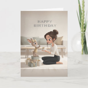 Brunette Girl Giving Bunny in Gold Birthday Gift Card