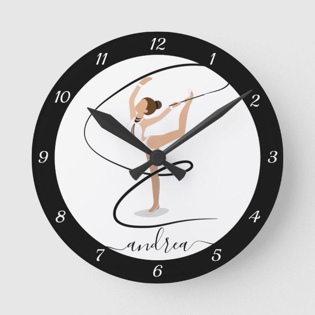 Brunette Girl Gymnastics Gymnast Elegant Name Cute Round Clock (Front)