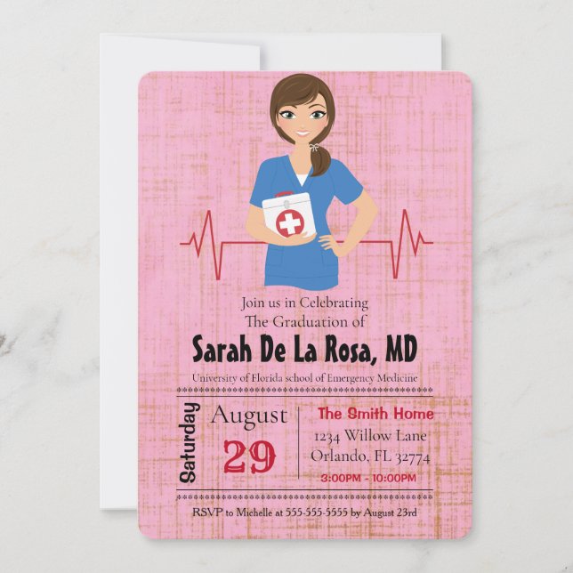 Brunette Girl Médicale Invitation de diplôme d'étu (Devant)