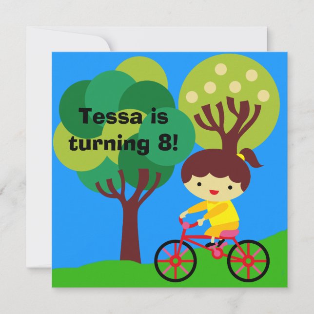 Brunette Girl on Bicycle Birthday Invitation (Front)