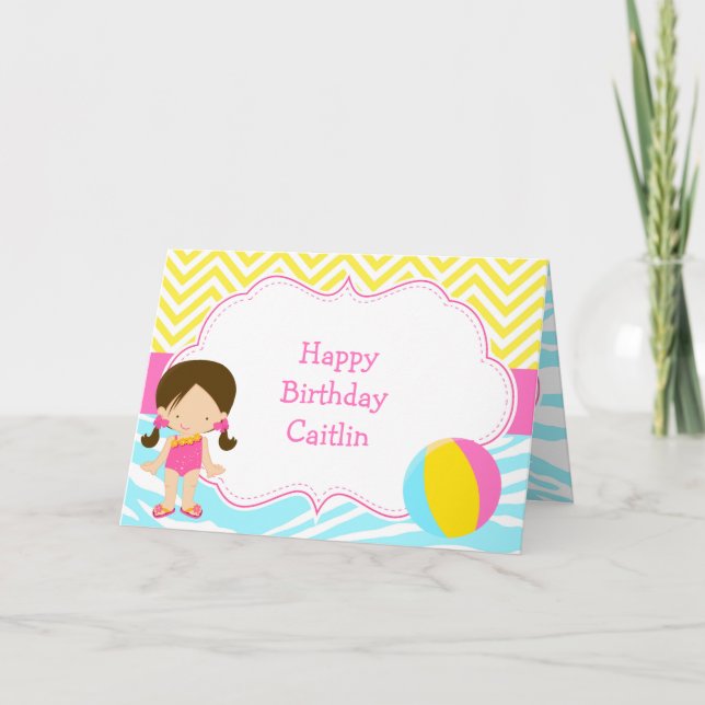 Brunette Girl Pool Party Bash Party Card (Front)