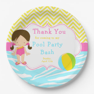 Brunette Girl Pool Party Bash Party Paper Plate