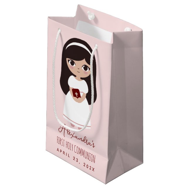 Brunette Girl Religious First Holy Communion Pink  Small Gift Bag (Front Angled)