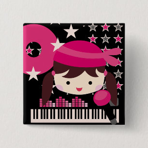 Brunette Girl Rock Star Party Birthday Button