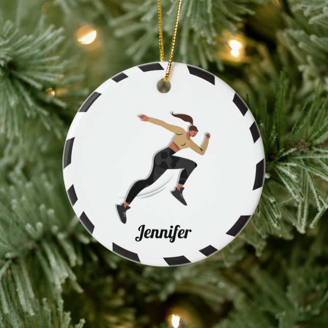 Brunette Girl Runner Cross Country & Kid's Name Ceramic Ornament (Tree)