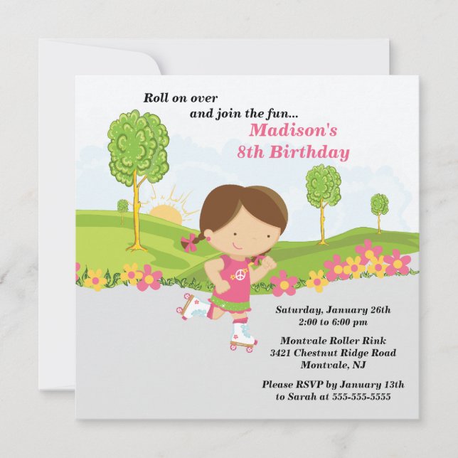 Brunette Girl Skating Birthday Party Invitation (Front)