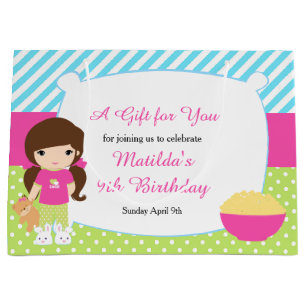 Brunette Girl Sleepover Slumber Party Birthday Large Gift Bag