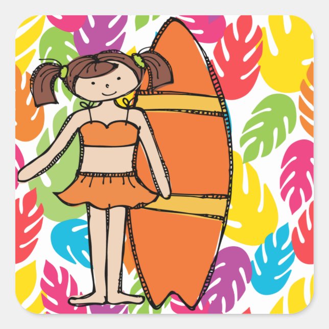 Brunette Girl Surfer Stickers (Front)