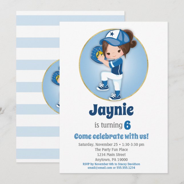 Brunette Girls Blue Softball Invitation Anniversai (Devant / Derrière)