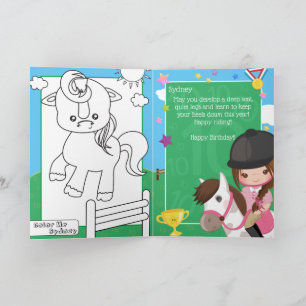 Brunette Girls Equestrian Colouring Page Birthday Card