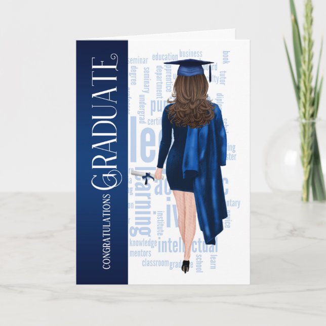 Brunette Hair Blue Cap and Gown Female Graduate Card (Front)