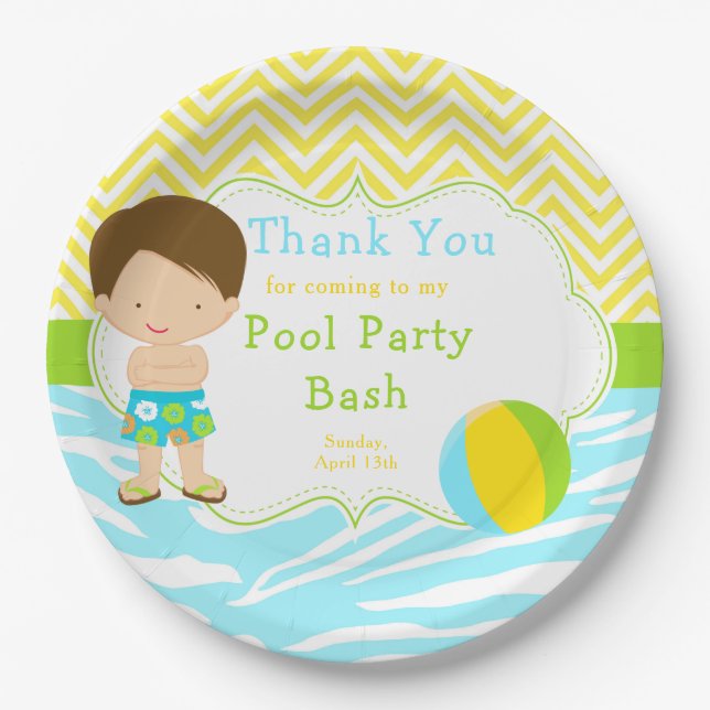 Brunette Hair Boy Pool Party Bash Party Paper Plate (Front)