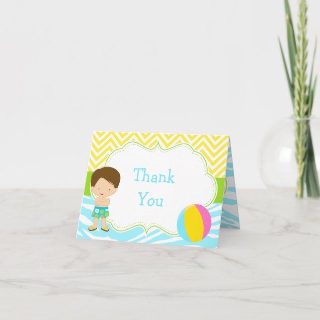 Brunette Hair Boy Pool Party Bash Party Thank You Card (Front)
