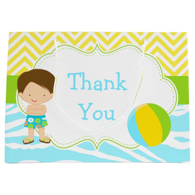 Brunette Hair Boy Pool Party Bash Party Thank You Large Gift Bag (Front)