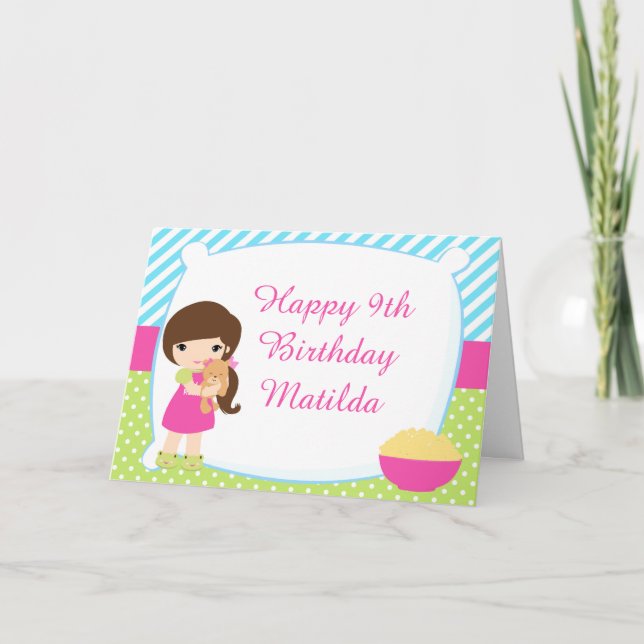 Brunette Hair Girl Sleepover Slumber Birthday Card (Front)