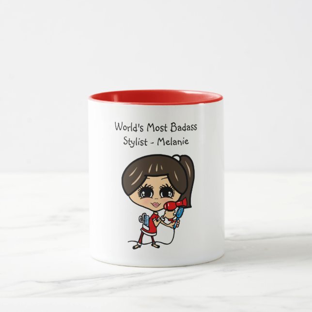 Brunette Hair Styliste Caricature MUG Personnalisé (Centre)