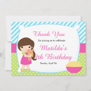 Brunette Haired Girl Sleepover Slumber Birthday Thank You Card
