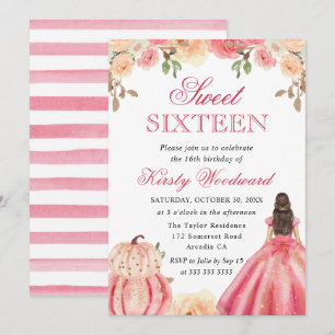 Brunette in Pink Dress Floral Pumpkins Sweet 16 Invitation
