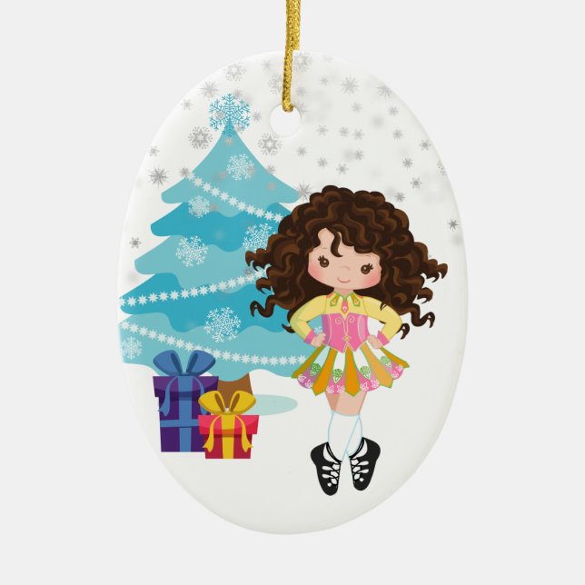 Brunette Irish Dancer Winter Christmas Holiday Ceramic Ornament (Front)