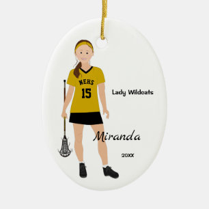 Brunette Lacrosse Player In Black And Yellow Ceramic Ornament