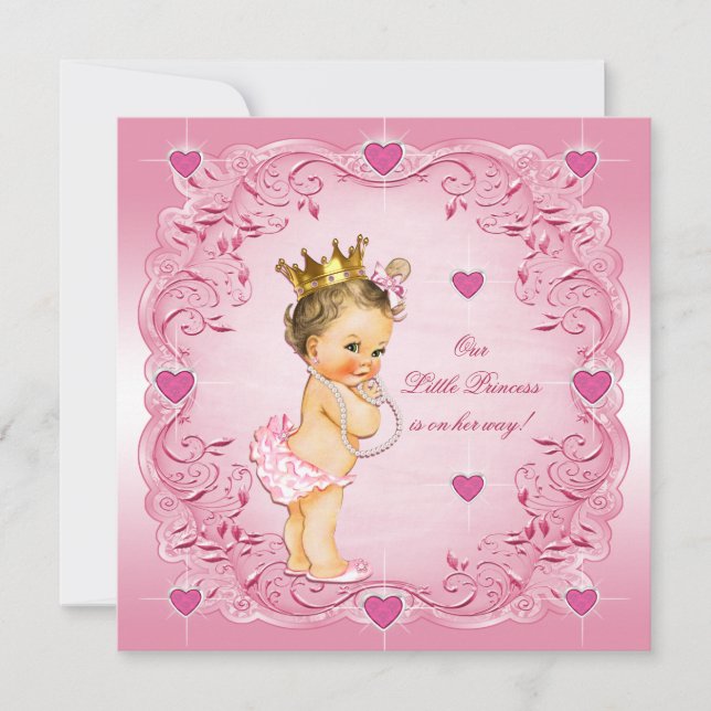 Brunette Little Princess Love Hearts Baby Shower Invitation (Front)