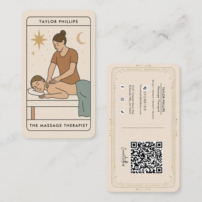 Brunette Massage Therapist Tarot Social Media QR Business Card (Front/Back)
